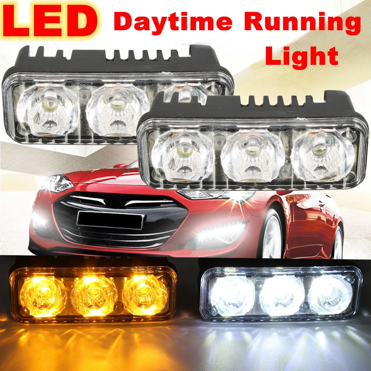 2pcs 12V Universal LED Car Daytime Driving Running Light White DRL Amber Turn Signal Lamp for