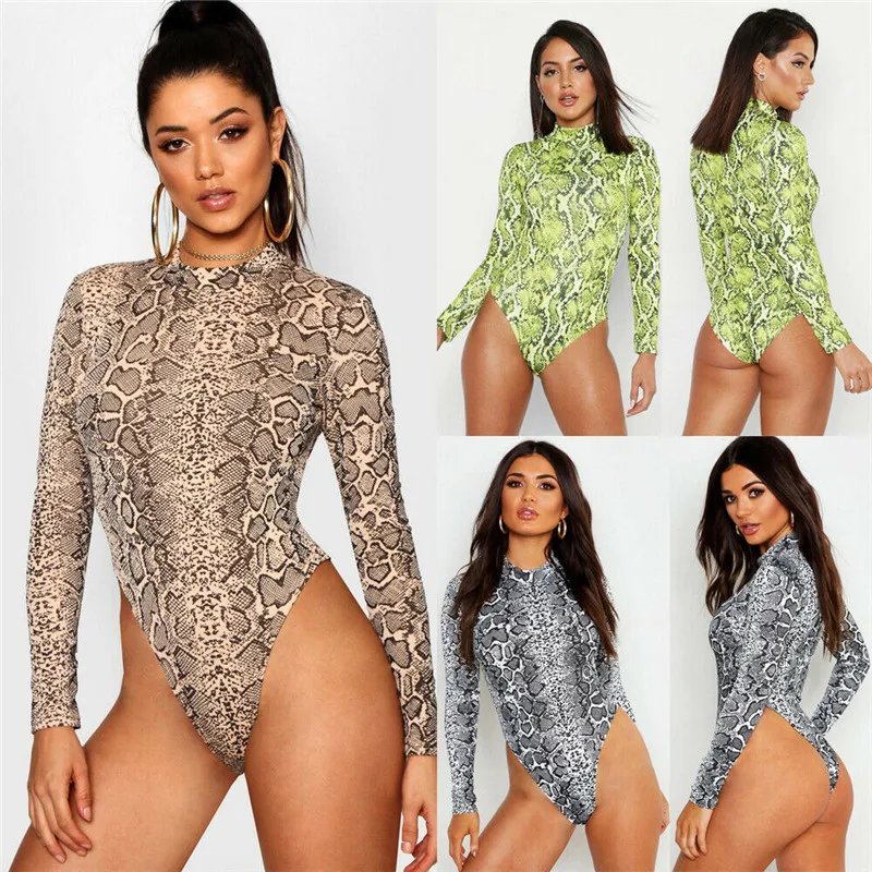 2019 Sexy Hot Women Long Sleeve Turtleneck Bodycon Slim Romper Tops Snake Skin Print Clubwear Party Jumpsuit Leotard Outwear New