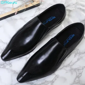 

QYFCIOUFU 2019 Italian Slip-on Men Shoes Genuine Leather Pointed Toe Black Brown Luxury Wedding Business Casual Male Dress Shoes