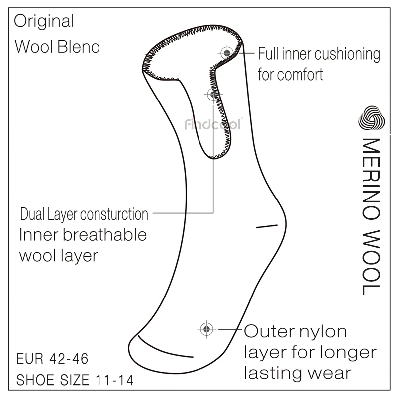 FINDCOOL, носки из мериносовой шерсти для мужчин и женщин, полностью амортизирующие махровые зимние носки, очень толстые и сохраняющие тепло зимой