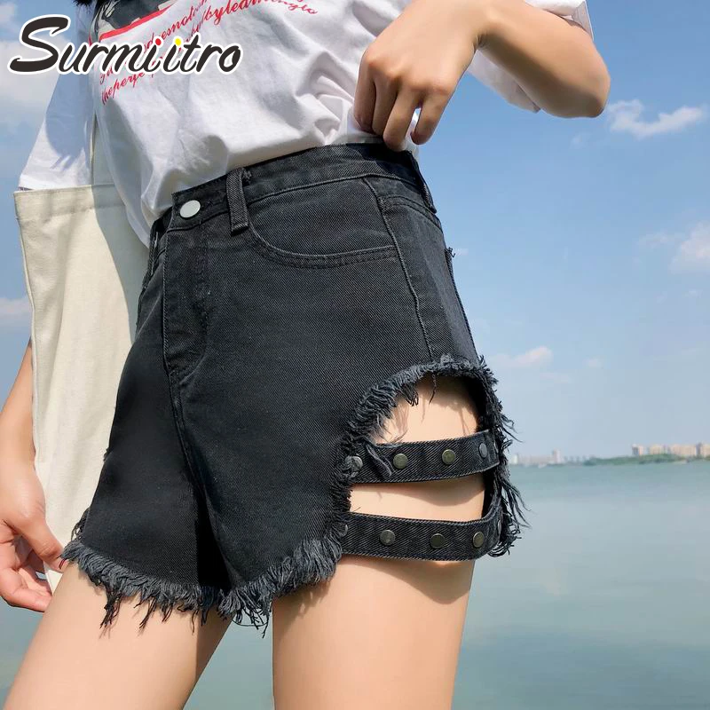 

Surmiitro Black Denim Shorts Women 2019 Spring Summer Classic Korean Hollow Out Tassel High Waist Mini Short Ladies Jeans Female