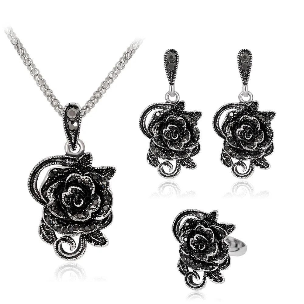 

Europe and the United States hot new plating ancient silver elegant temperament necklace earrings ring three-piece