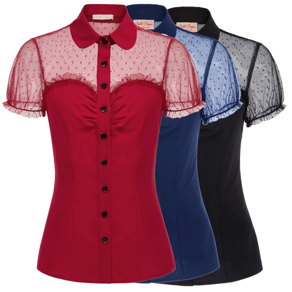  vintage Women shirt Short Sleeve Lapel Collar Red Buttons Mesh Fabric Patchwork blouse party elegan