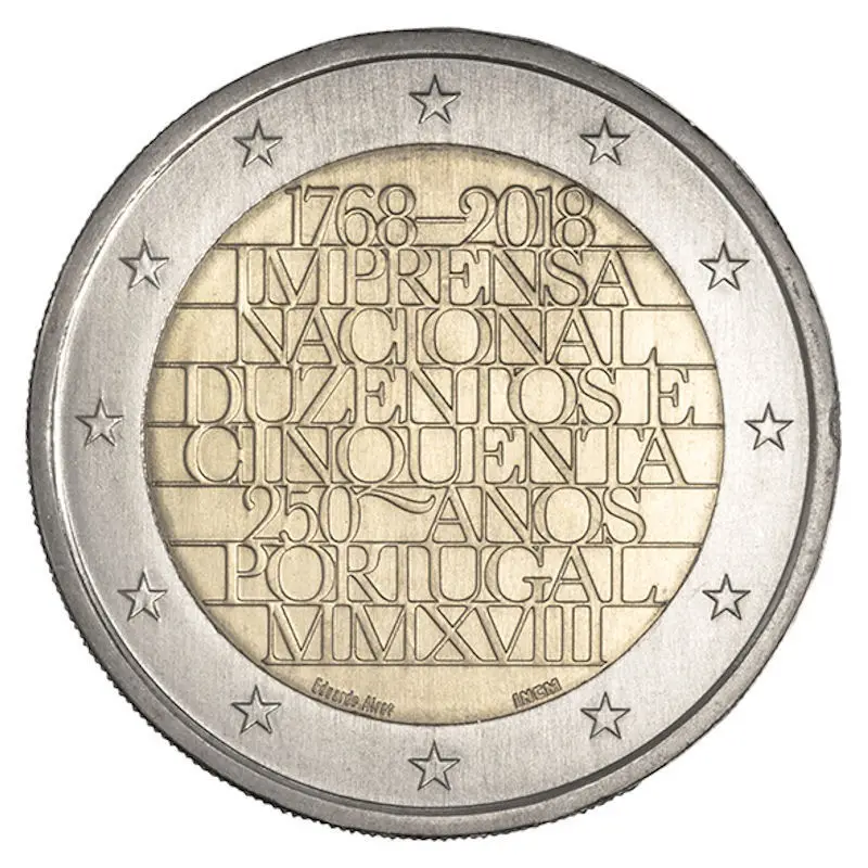 

Portugal 2 Euro 2018 UNC Coin National Printing Office 250 Years real original Commemorative coins bimetallic collectibles