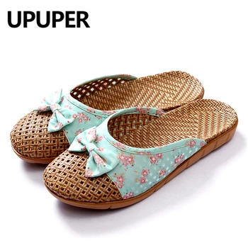 

Summer Weaving Flax Home Slippers Women Rustic Style Refreshing Women's Shoes Cute Bow Weaving Breathable Sandals Flat Slides