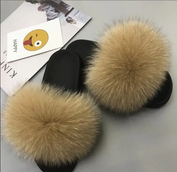 Raccoon Fur COOLSA/женские нескользящие шлепанцы на плоской подошве с лисьим мехом; женские меховые шлепанцы; женские плюшевые меховые тапочки; Прямая поставка; обувь на меху; женская обувь; Лидер продаж - Цвет: Raccoon Fur