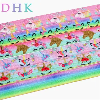 

DHK 5/8'' Free shipping unicorn face gradient color printed Fold Elastic FOE headband headwear hairband DIY decoration OEM B1554