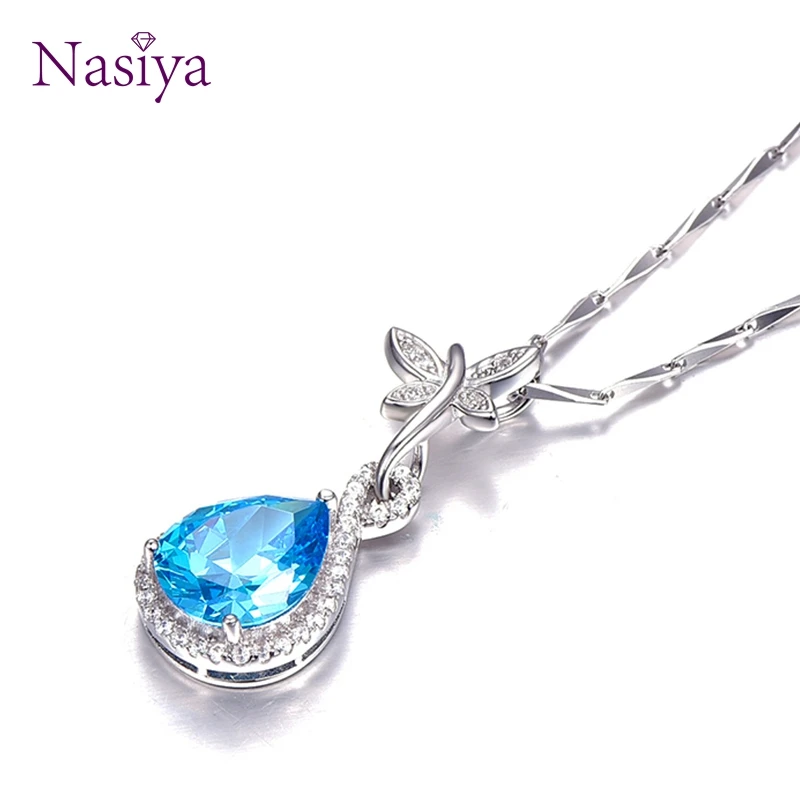 

Sterling Silver 925 Pendant Necklace For Women Fine Jewelry Blue Topaz Waterdrop For Wedding Engagement Party Valentine day