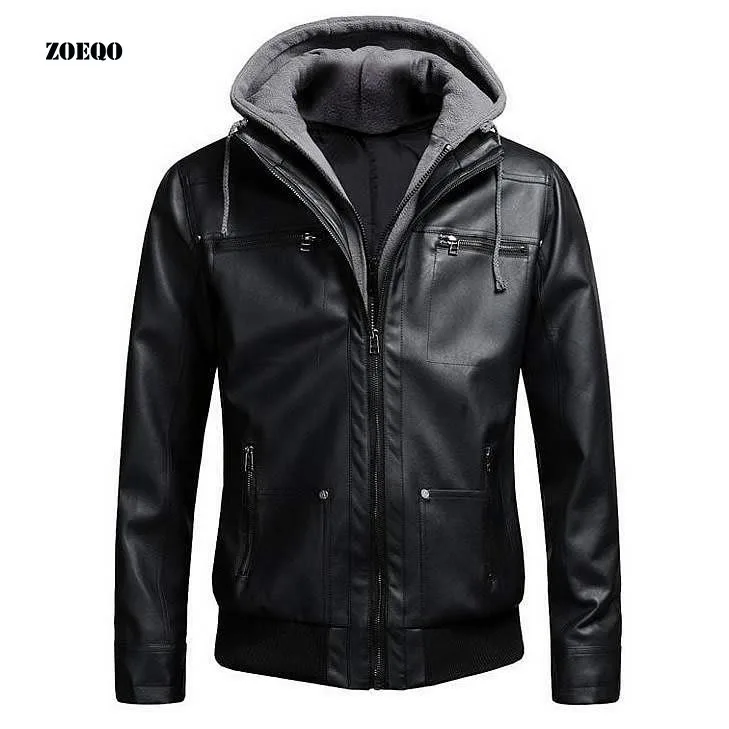 

ZOEQO Leather Jacket Men Polar Fleece HOOD Detachable PU Faux Leather Jacket Men Biker Jacket Motorcycle Jacket