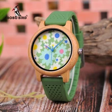 BOBO BIRD B04 унисекс деревянные часы с цветочным принтом Циферблат Женские бамбуковые кварцевые часы с зеленым силиконовым ремешком kol saati