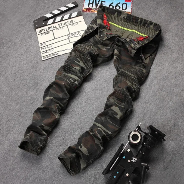 Fashion Designed Men Pencil Pants Casual Slim Skinny Pants Split Joint Jeans Homme Camouflage Denim Biker