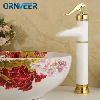 

Fancy Shape Tall Grilled White Painted Bathroom Waterfall Faucet Gold Handle Single Hole Brass Basin Sink Mixer Tap W024