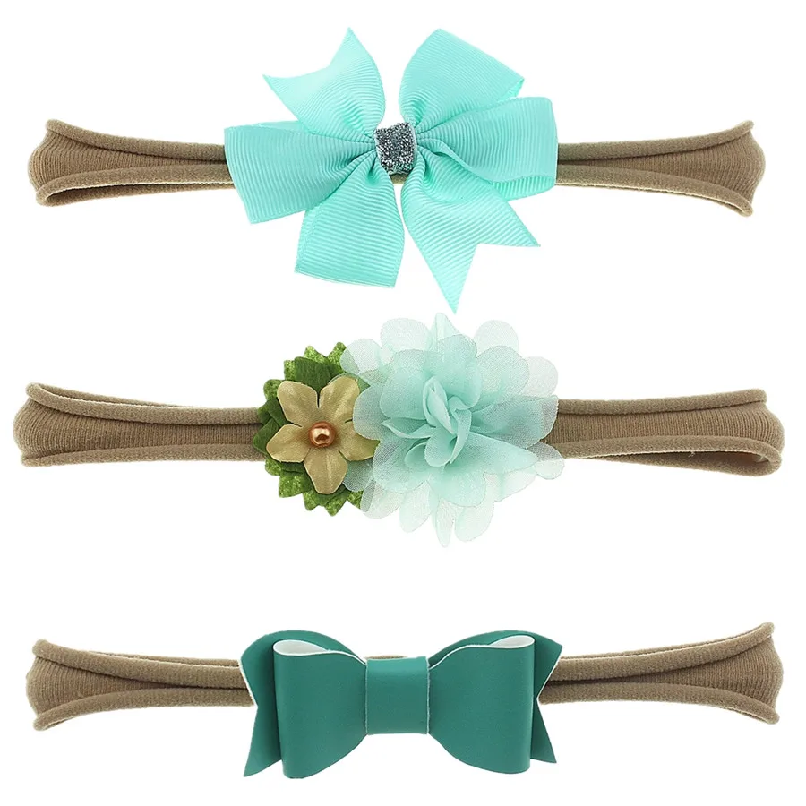 3 шт./компл. Тюль шифон цветы банты девушки эластичная нейлоновая повязка на голову повязка для волос Детские аксессуары для волос реквизит для фото - Цвет: Green ( Khaki Band )