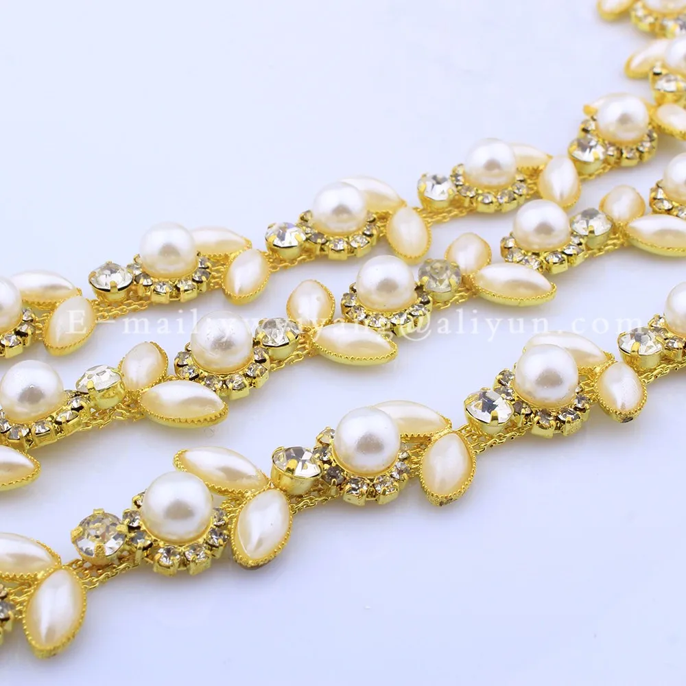 5 ярдов Пришить моды Кристалл Rhinestone Перл Отделка Свадебное платье Декоративные Золотые базы страз Сумки одежды appliquehf-420