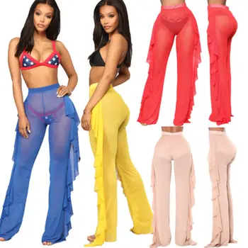 

Sexy Womens Mesh Ruffles Sheer Wide Leg Pants 2018 New Fashion Solid High Waist Long Trousers Bikini Cover Up Pant S-2XL