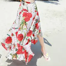 Summer Beach Long Skirt Women Polka Dot Floral Print Skirt High Waist Bohemian Chiffon Maxi Skirts