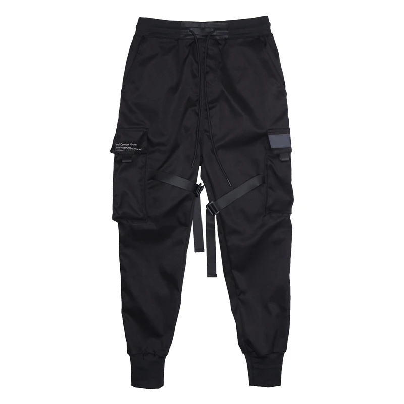 Men Fashion Casual Harem Joggers Harajuku Sweatpant Hip Hop Trousers Men Ribbons Color Block Black Pocket Cargo Pants