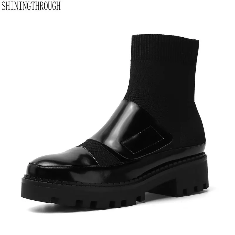 

Cow leather Ankle Boots Thick Heels platform Autumn Winter Short Ladies Shoes Woman Motorcycle Boots Ladies Basic Boots