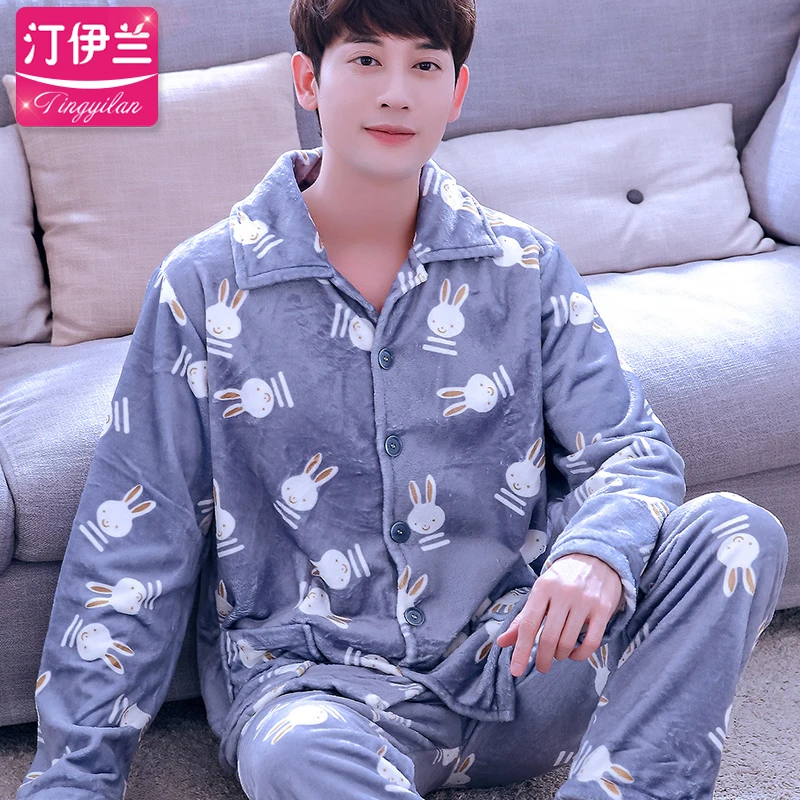 Men Pajama Sets Winter Autumn Coral Fleece Warm Men Sleepwear Suits Thick Homewear Long Sleeve Pijama Man Sleep Pyjama XXXL - Цвет: blue men pajama