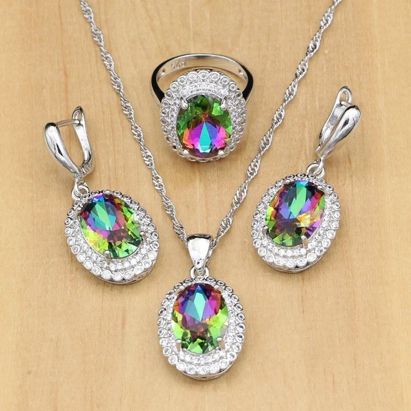 Mystic Rainbow Cubic Zirconia Jewelry Sets Women 925 Silver Jewelry Wedding Earrings/Pendant