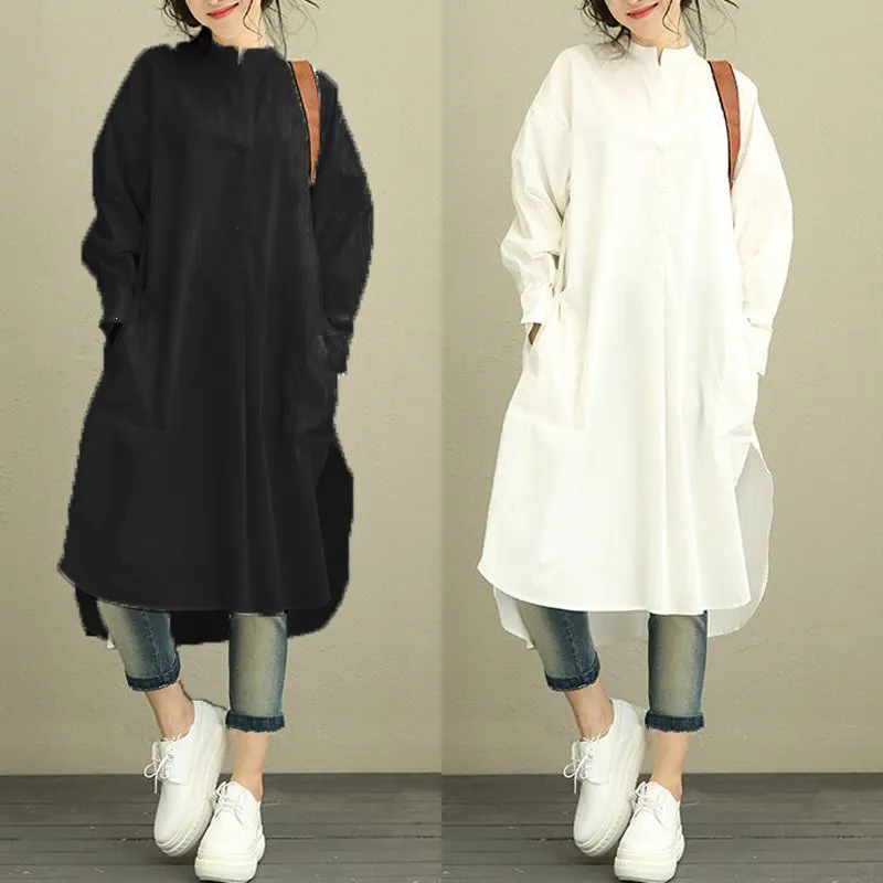 

Women Solid Black Loose Office Shirt Dress Long Tops Oversized ZANZEA Female Asymmetrical Slit Hem Stand Collar Sweats Vestidos