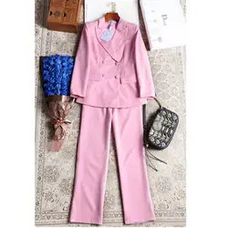 Подгонянный Новый Модный женский розовый двубортный костюм из двух частей (куртка + брюки) Дамский деловой строгий костюм