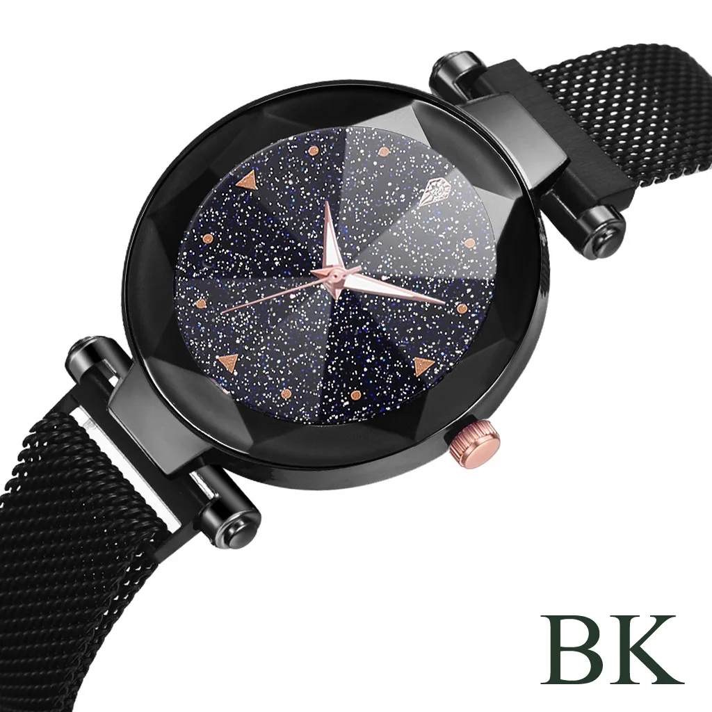 Reloj mujer, модные женские часы, звездное небо, выпуклая стеклянная кварцевая сетка с магнитной пряжкой, женские часы bayan kol saati - Цвет: Черный