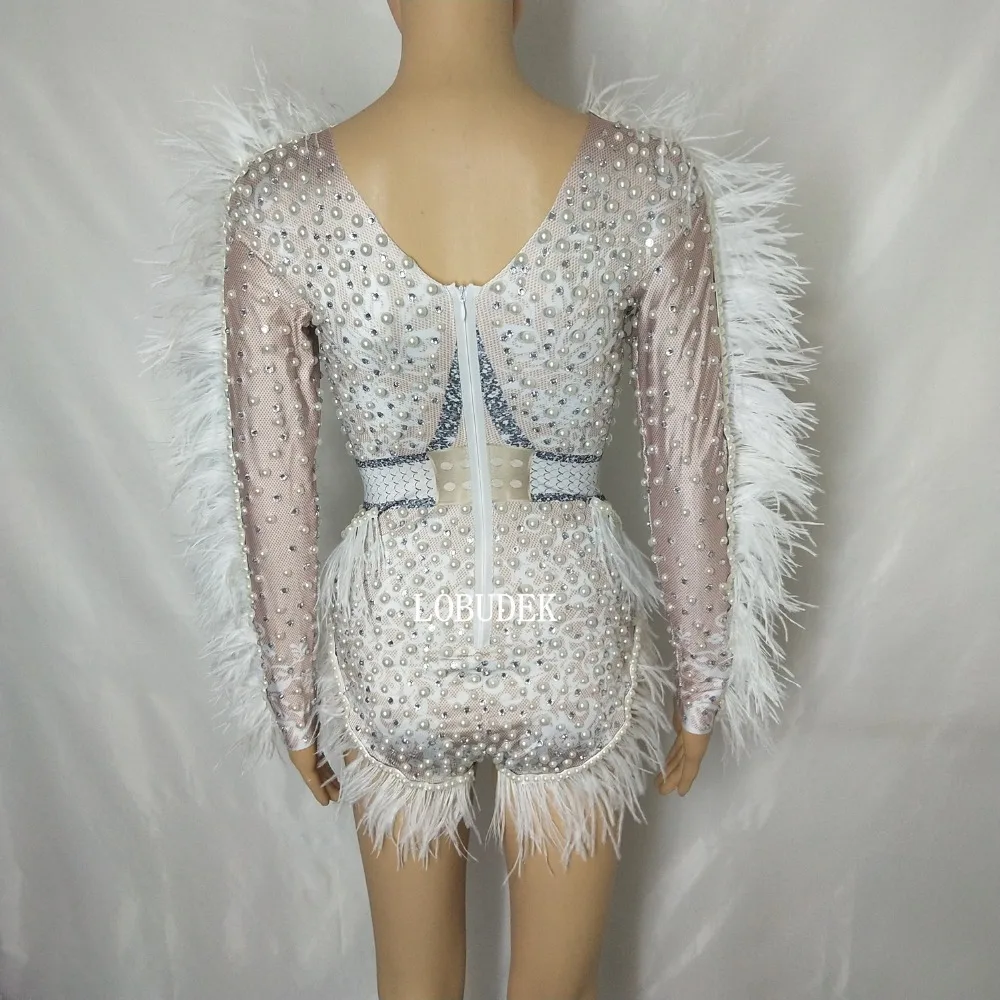 Обувь для ночного клуба женские певица костюм белые перья жемчуг боди сверкающие кристаллы колготки одежда для сцены танцор джазовое выступление костюм