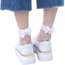 Модные летние женские ажурные носки с оборками, носки длиной по щиколотку, сетчатые кружевные короткие носки с галстуком-бабочкой, CalcetinesW5