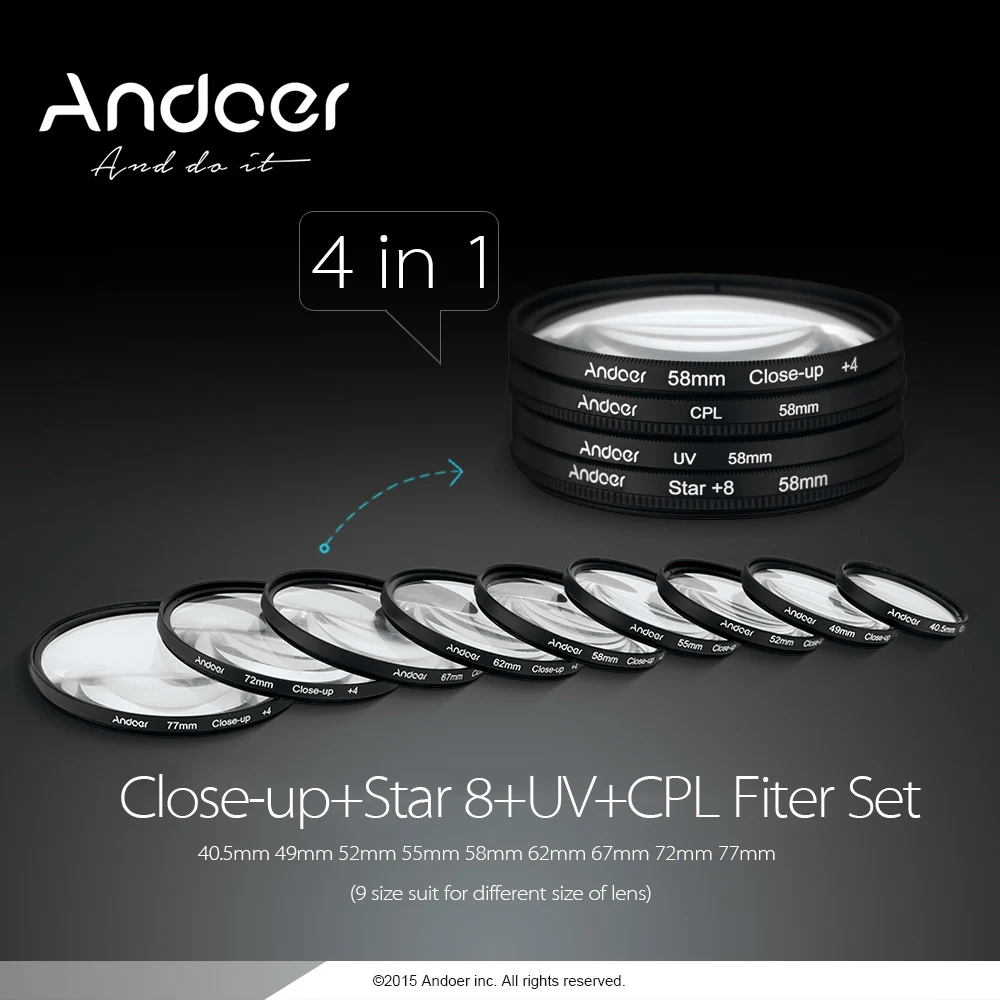 Набор фильтров Andoer UV + CPL Close Up 4 Star8 Point набор круговых для макросъемки с сумкой