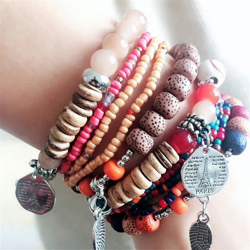 

DIEZI Bohemia Ethnic Wing Charm Bracelets for Women Female Wristband Elastic Rope Beaded Bracelet Gift pulseira feminina