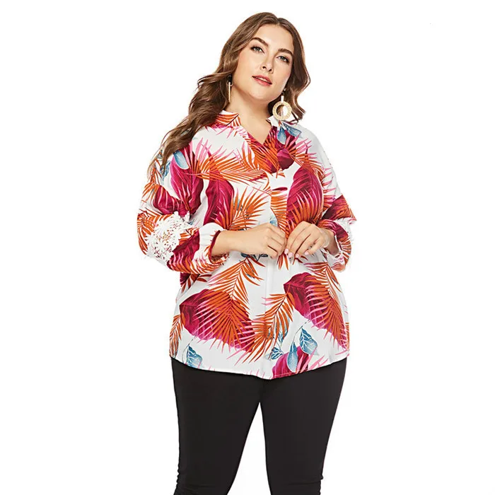 Printed 4XL Loose Blouse Casual Beach Plus Size Shirts V neck Long ...