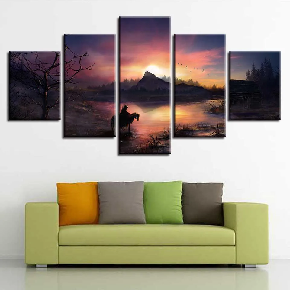 

HD Print Modular Frame Poster Canvas Pictures 5 Pieces Animal Horse And Bird Sunset Scenery Painting Decor Living Room Wall Art