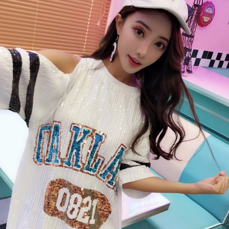 Новинка лета, брендовая длинная свободная рубашка с блестками без бретелек большого размера, женская футболка с коротким рукавом