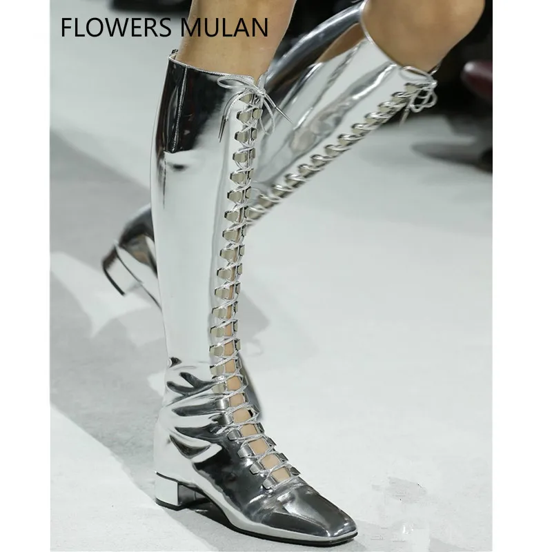 Rodilla Suave Gruesos Cuero Nueva As Tacones Zapatos Pic Hasta Botas Metálica as Catwork Mujer Pic Las Encaje Mujeres Tachonado Plata WaZOnIZ