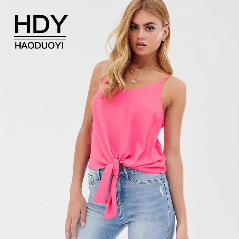 

HDY Haoduoyi Western Style V-neck Thin Shoulder Strap Simple And Sweet Front Middle Hem Tie Short Paragraph Ladies Camisole