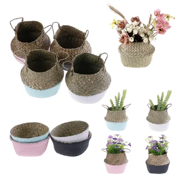 

Handmade Storage Baskets Foldable Laundry Straw Patchwork Wicker Rattan Seagrass Belly Garden Flower Pot Planter Basket