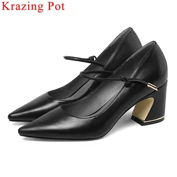 

Krazing Pot natural leather thick high heels slip on office lady thick high heels large size women pumps streetwear shoes L11