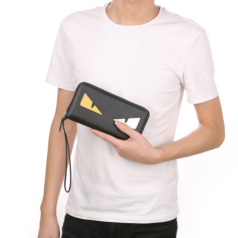 

P.KUONE Brand Fashion Small monster Funny Men Clutch Bag Cross Grain Split Leather Clutch Wallet Long Zipper Wallet Clutch Bag