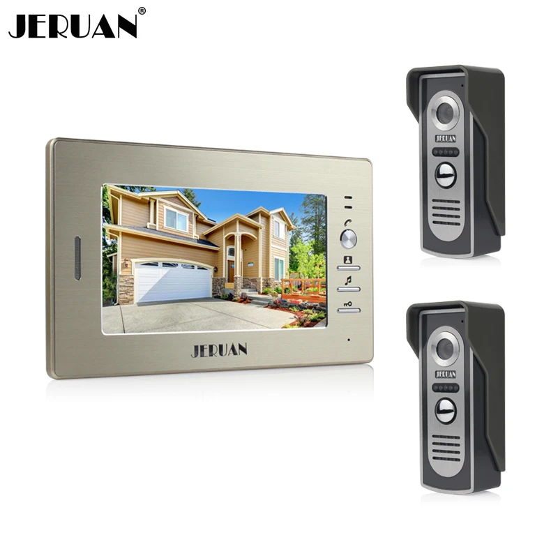 

JERUAN Brand New 7`` color screen video doorphone sperakerphone intercom system 1 monitor+two 700TVL COMS camera FREE SHIPPING