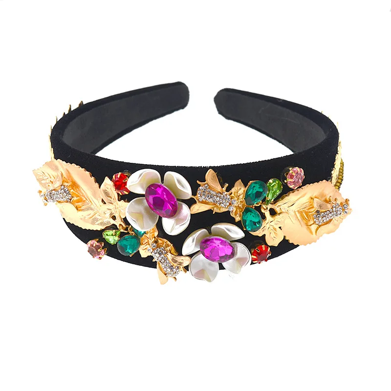 

Wide Baroque Headband with Gems Jewelled Hair Band Diamond Crowns Flowers Bride Green Purple Leaf Hairband Party Ladies Night