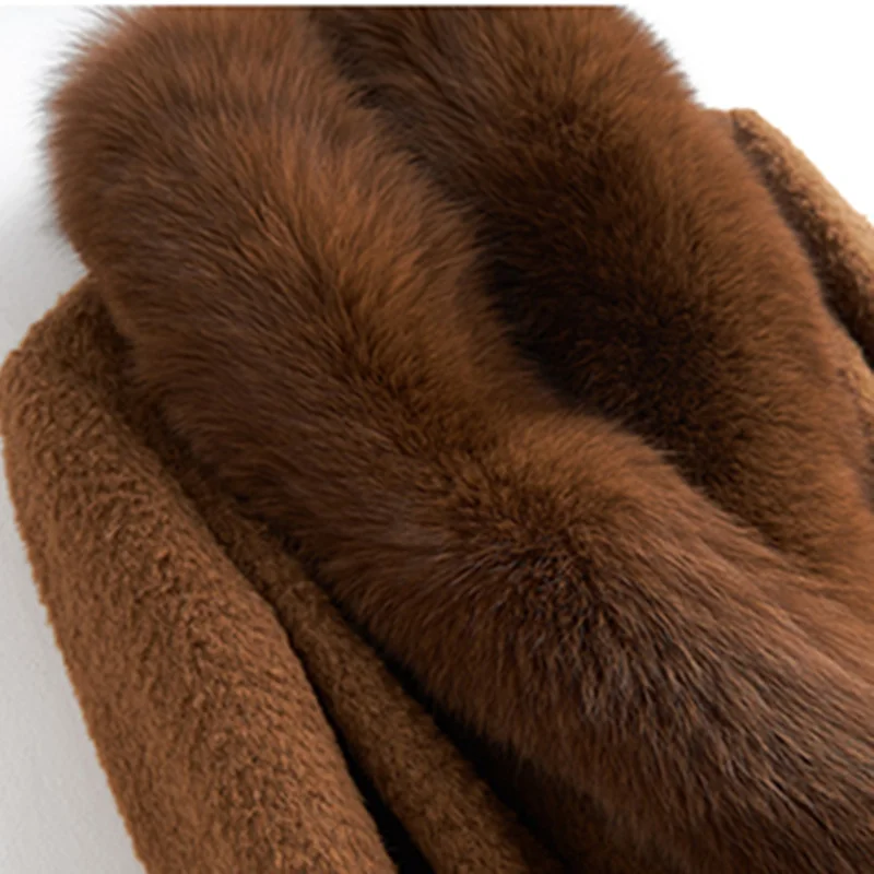 Шерстяное пальто высшего качества, Женское зимнее пальто, одежда из альпаки, повседневное элегантное приталенное длинное шерстяное пальто с меховым воротником Casaco