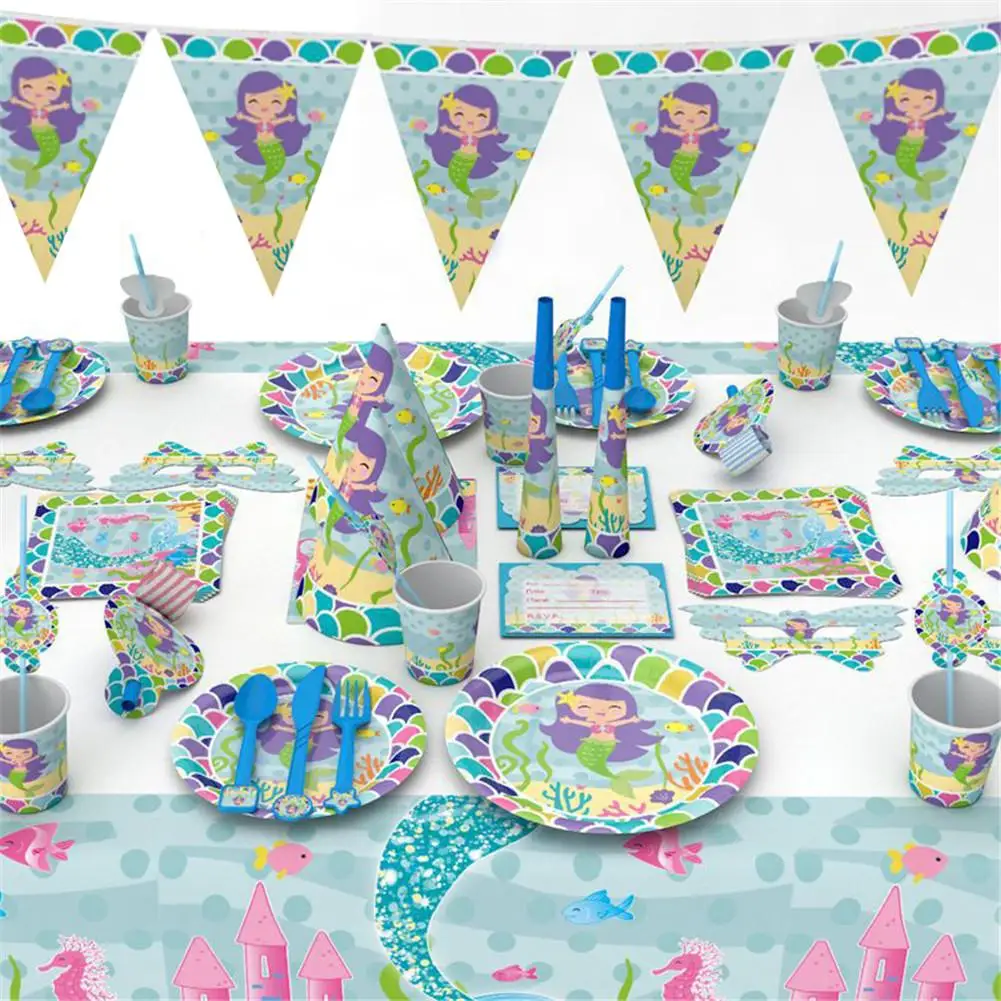 

Mermaid Festive Disposable Party Tableware Set Pennant Paper Tray Gift Bag Paper Cap Tablecloth Paper Cup Birthday Party Set J2