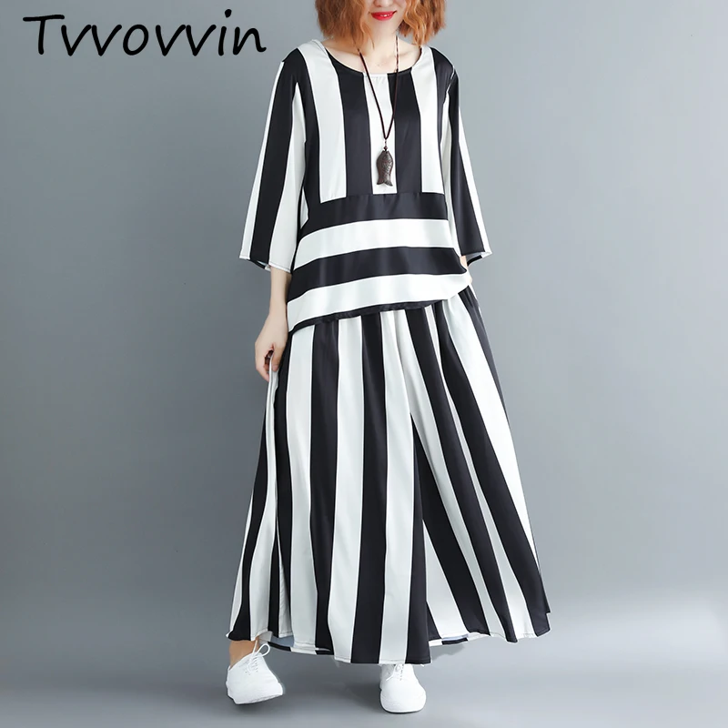 

TVVOVVIN 2019 New Spring Women Round Collar Three Sleeve Irregular Loose Hem Stripe Shirt And Elastic Waist Long Pant Suit V503