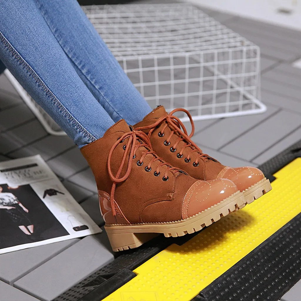 

Women Round Toe Casual Shoes Fashion Patchwork Med Thick Ankle Short Boots sapatos mulher altos #L4
