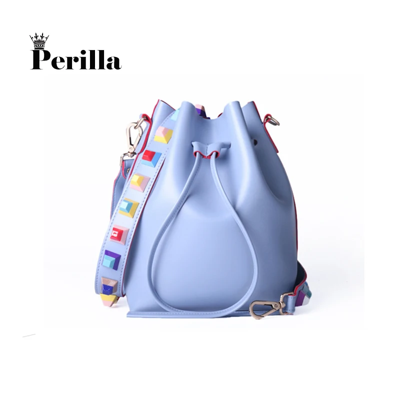 

Perilla Brand Women Fashion Colorful Strap Bucket Bag High Quality Brand Designer Ladies Crossbody Bag Pu Leather Shoulder Bag