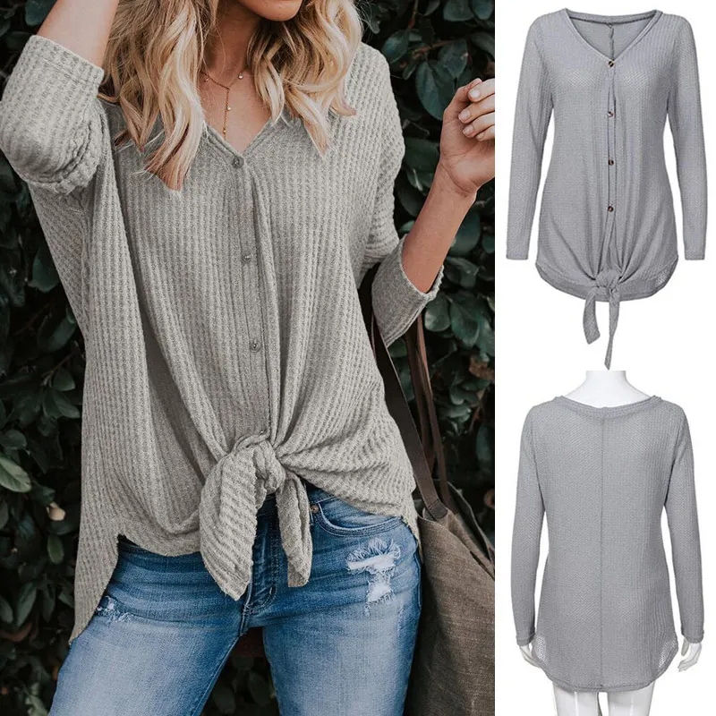 

2018 New Women Autumn Long Sleeve Thin Knitting Sweater Solid Color Hem Knots T-shirt BS88