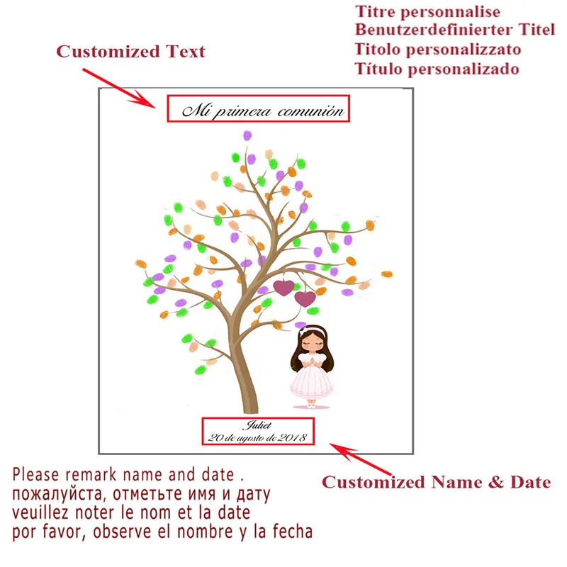 Haochu персонализированные отпечатков пальцев холст картины Гостевая книга DIY Ми Primera Comunion сувенир Юбилей для девочек Крещение