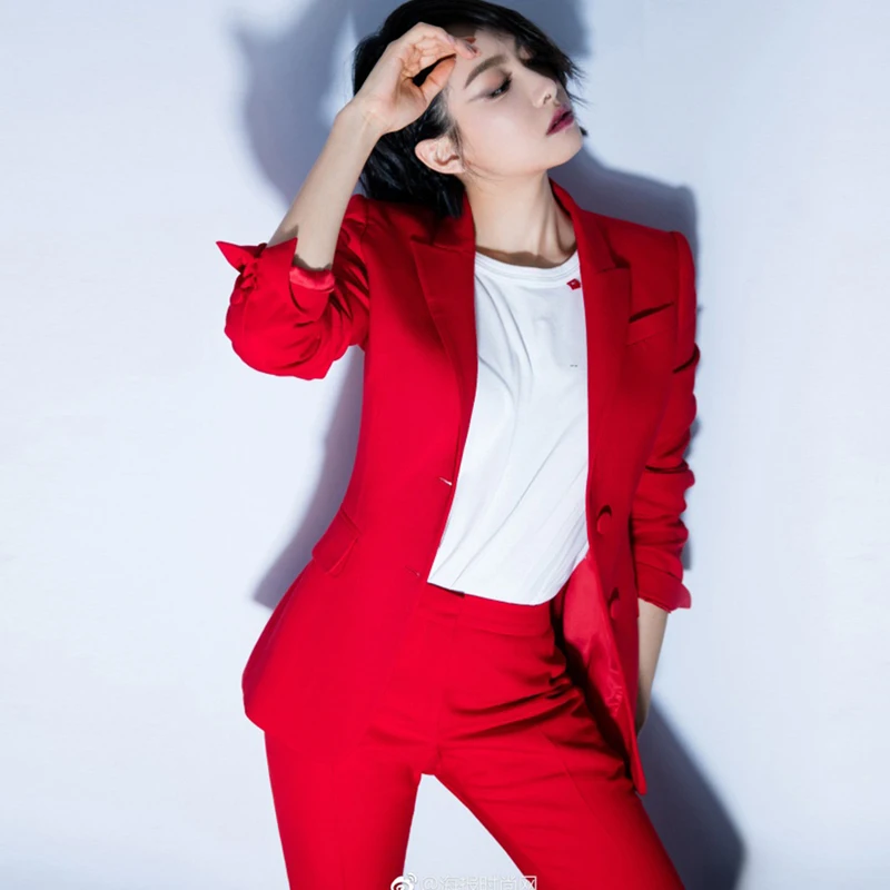Beste Vrouwen Kantoor Dame Twee Stukken Sets Solid Red Elegante Enkele Breasted Turn Down Kraag Blazers En Volledige Lengte broek S88705Y
