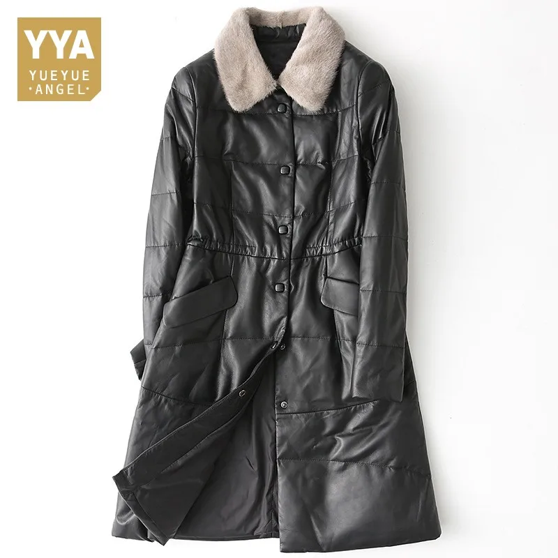 

High Quality Ladies Genuine Leather Coat Fashion Solid Mink Fur Collar Outerwear Female Slim Fit Sheepskin Jacket Plus Size 4XL
